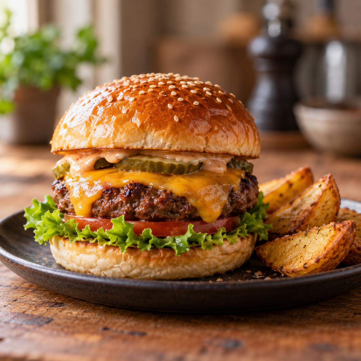 Best Burger in Town – Produktbild Saftiger Cheeseburger im Briochebrötchen mit Salat, Tomate, Gurken und goldbraunen Kartoffelspalten