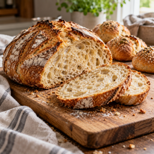 Frisch gebackenes Brot mit knuspriger Kruste, Brotscheiben und Brötchen auf einem Holzbrett